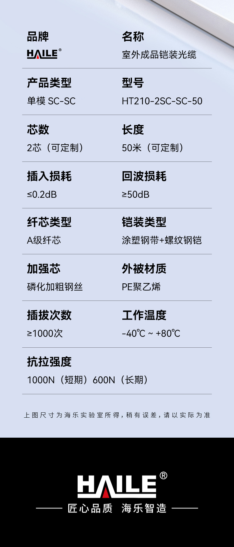 HAILE海乐 成品铠装光缆SC-SC室外2芯单模工程光纤跳线光缆尾纤 免熔接户外架空_https://www.haile-cn.com_光缆布线_第13张