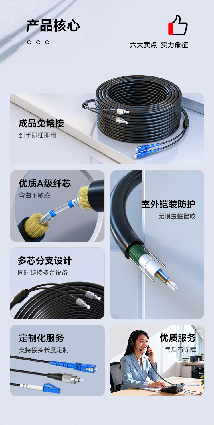 HAILE海乐 成品铠装光缆SC-FC室外2芯单模工程光纤跳线光缆尾纤 免熔接户外架空_https://www.haile-cn.com_布线产品_第2张