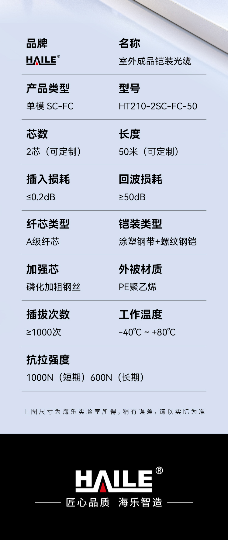 HAILE海乐 成品铠装光缆SC-FC室外2芯单模工程光纤跳线光缆尾纤 免熔接户外架空_https://www.haile-cn.com_布线产品_第13张