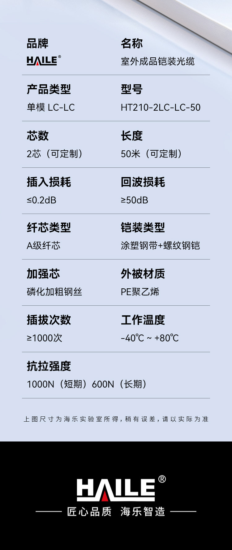 HAILE海乐 成品铠装光缆LC-LC室外2芯单模工程光纤跳线光缆尾纤 免熔接户外架空_https://www.haile-cn.com_布线产品_第13张