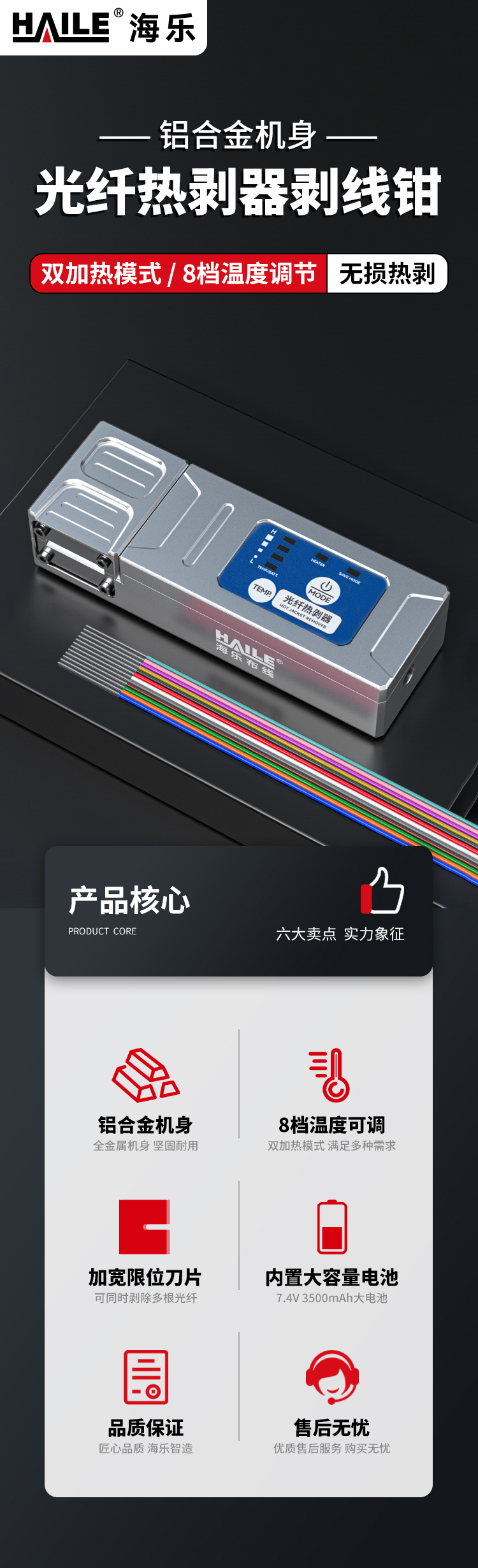 HAILE海乐 光纤热剥钳剥线钳 可剥束状带状裸纤隐形光纤等 铝合金机身 内置电池3500mAh_https://www.haile-cn.com_布线产品_第1张