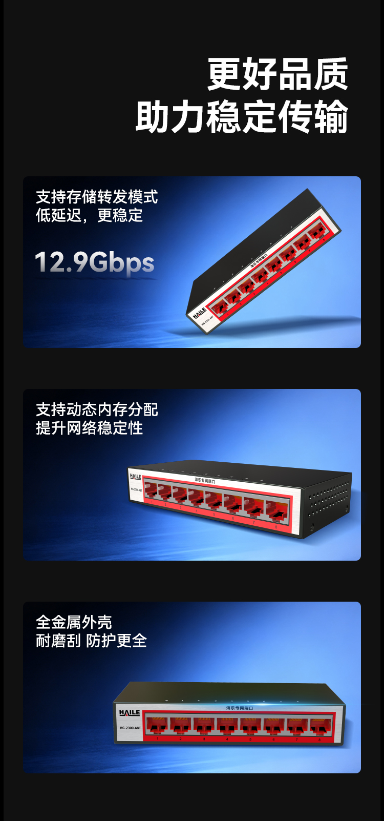 HAILE海乐内外网8口千兆交换机水晶头异形结构红色专网网络分流器HG-2300-A8T_https://www.haile-cn.com_专网交换机_第8张