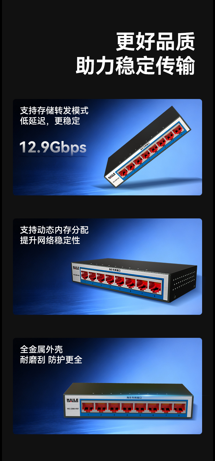HAILE海乐内外网8口千兆交换机水晶头异形结构蓝色专网网络分流器HG-2300-F8T_https://www.haile-cn.com_专网交换机_第8张