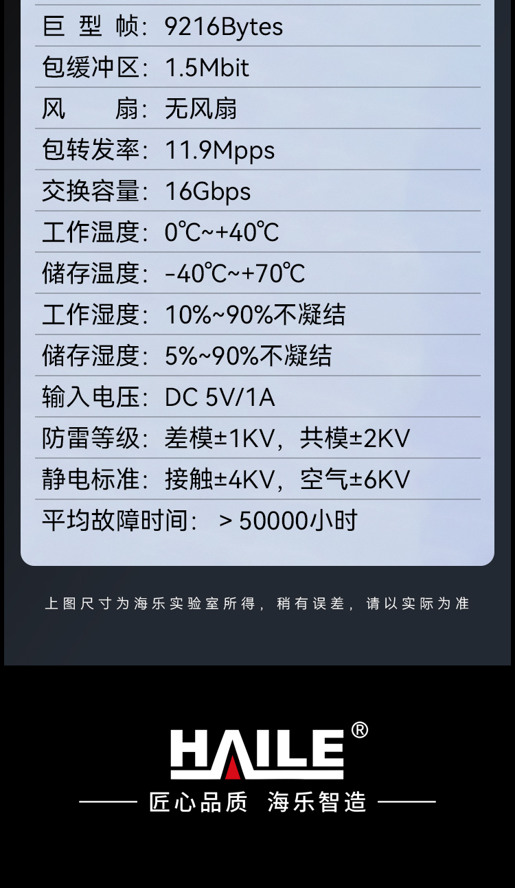 HAILE海乐内外网8口千兆交换机水晶头异形结构蓝色专网网络分流器HG-2300-F8T_https://www.haile-cn.com_专网交换机_第12张