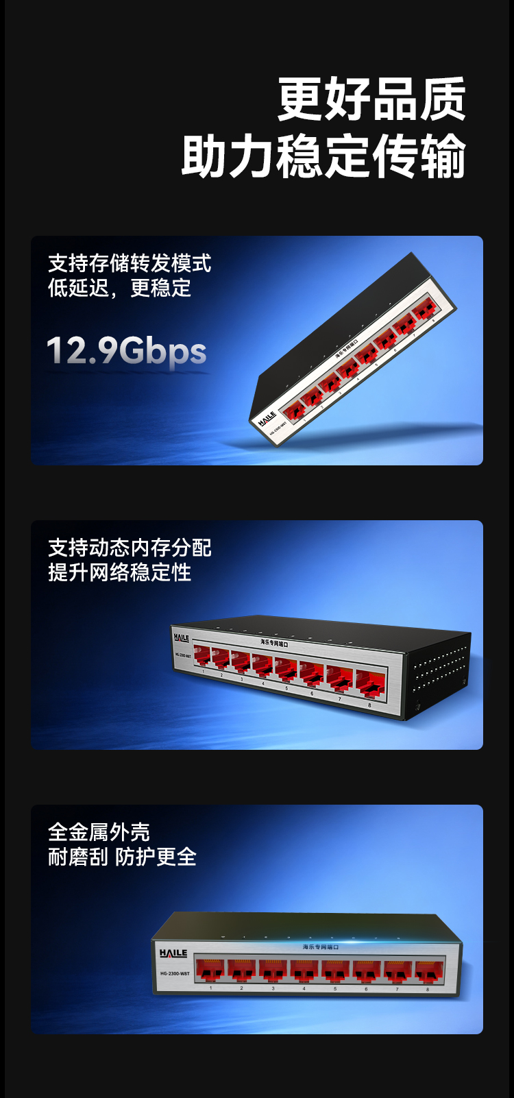HAILE海乐内外网8口千兆交换机水晶头异形结构白色专网网络分流器HG-2300-W8T_https://www.haile-cn.com_专网交换机_第8张