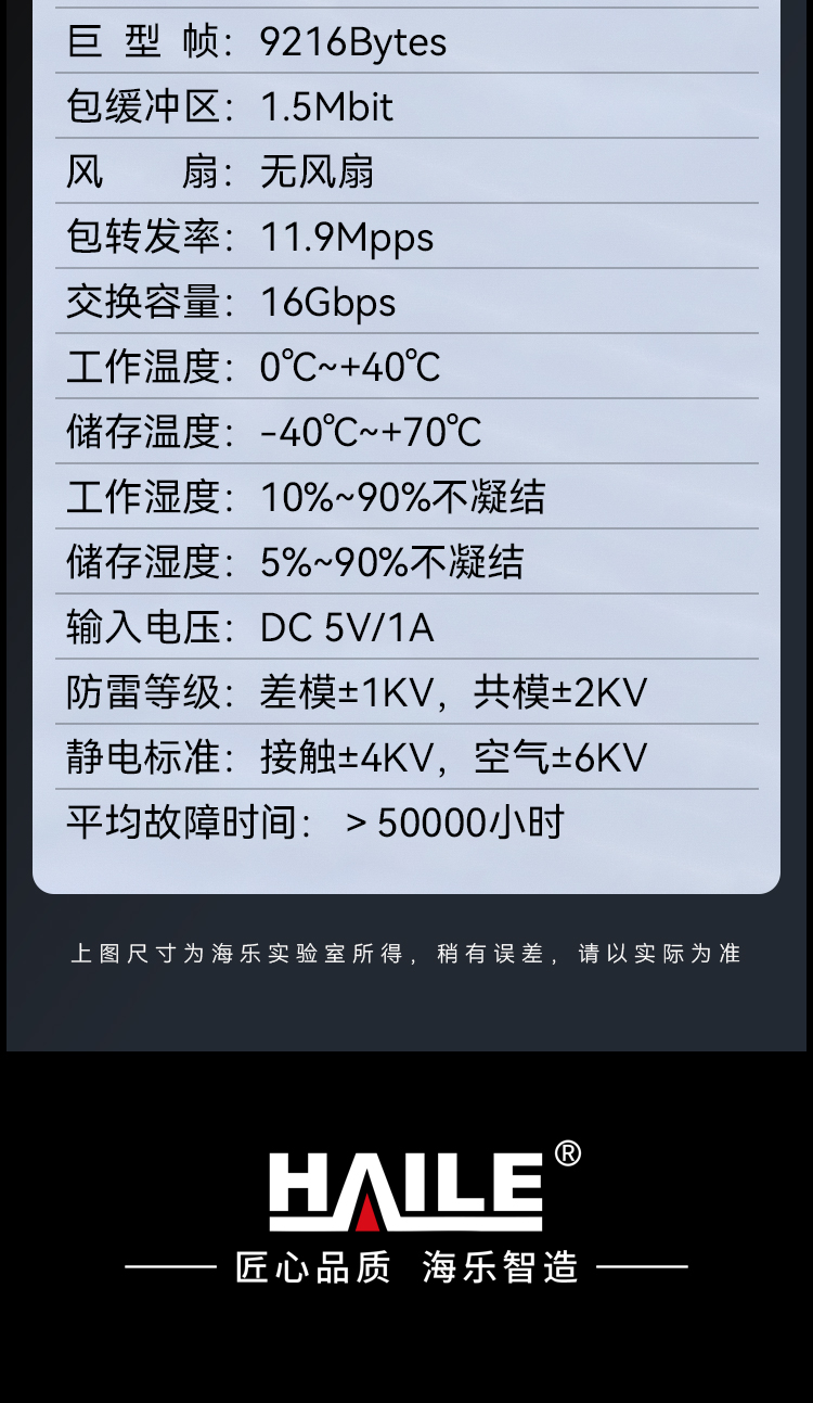 HAILE海乐内外网8口千兆交换机水晶头异形结构白色专网网络分流器HG-2300-W8T_https://www.haile-cn.com_专网交换机_第12张