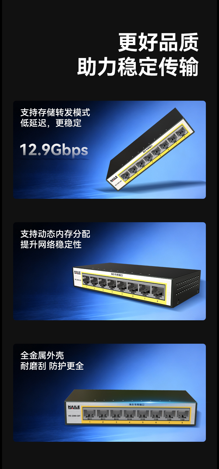 HAILE海乐内外网8口千兆交换机水晶头异形结构黄色专网网络分流器HG-2300-C8T_https://www.haile-cn.com_专网交换机_第8张