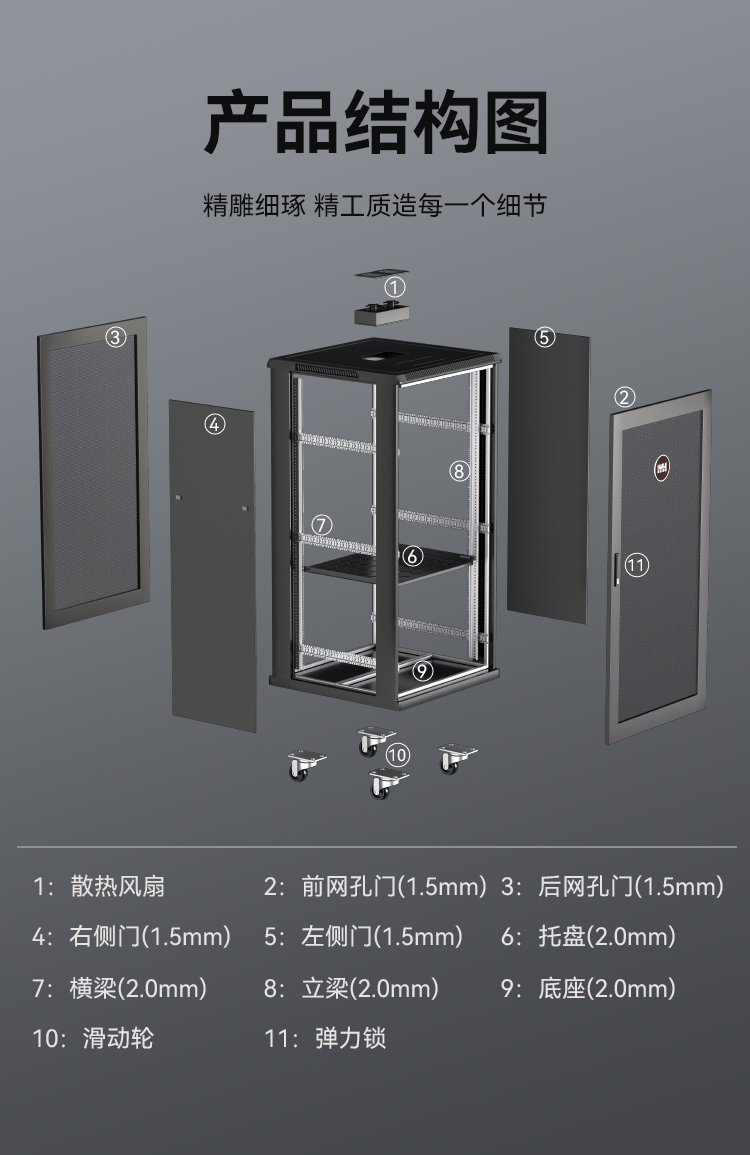 服务器网络机柜黑色22U加厚款 19英寸标准 宽*深（600*600mm）1.2米 网孔门 A2-6622_https://www.haile-cn.com_A2系列机柜_第3张