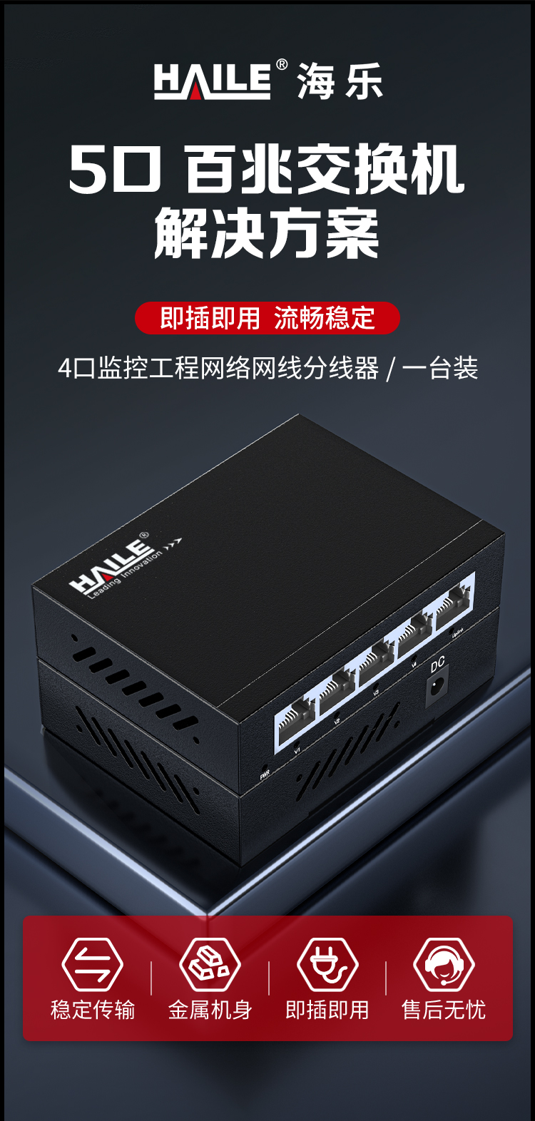 5口百兆交换机4口监控工程网络网线分线器家用宿舍安防监控分流器金属机身HC-610-5_https://www.haile-cn.com_商业级交换机_第1张