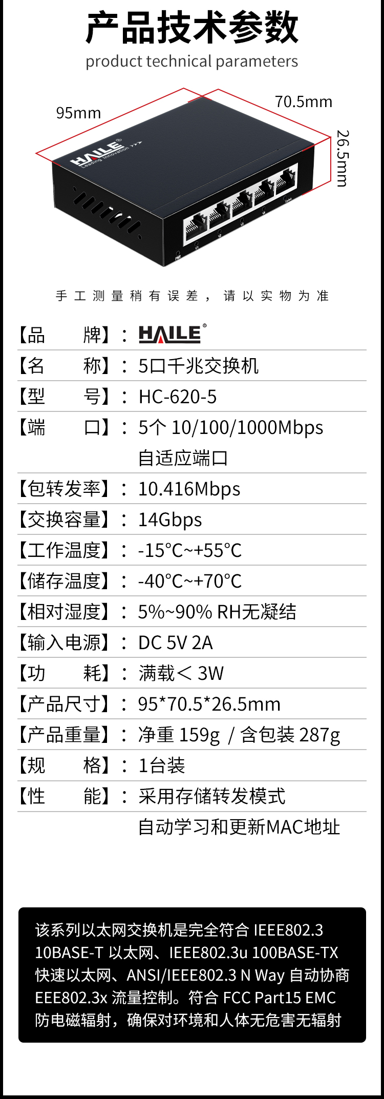 5口千兆交换机4口监控工程网络网线分线器家用宿舍安防监控分流器金属机身HC-620-5_https://www.haile-cn.com_商业级交换机_第11张