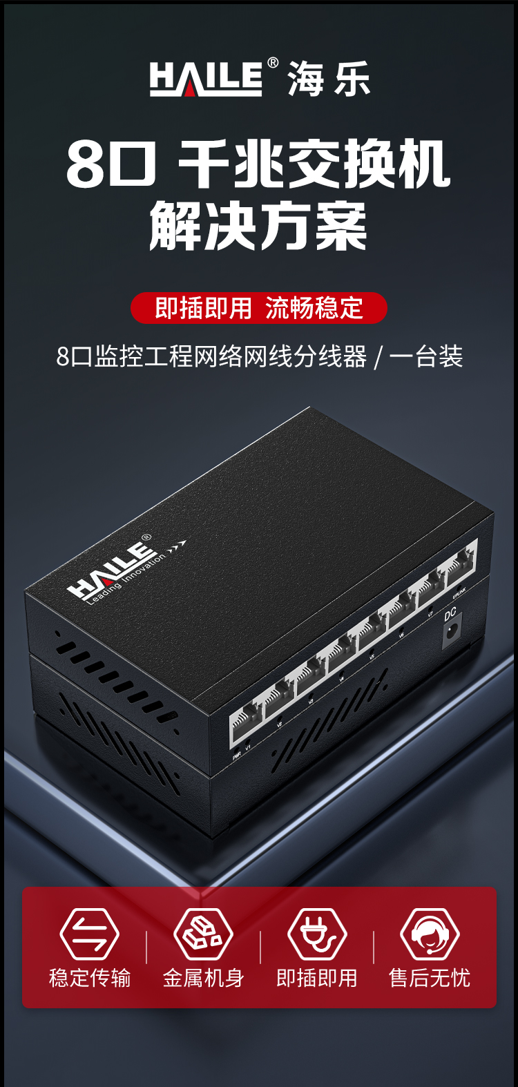 8口千兆交换机8口监控工程网络网线分线器家用宿舍安防监控分流器金属机身HC-620-8_https://www.haile-cn.com_商业级交换机_第1张