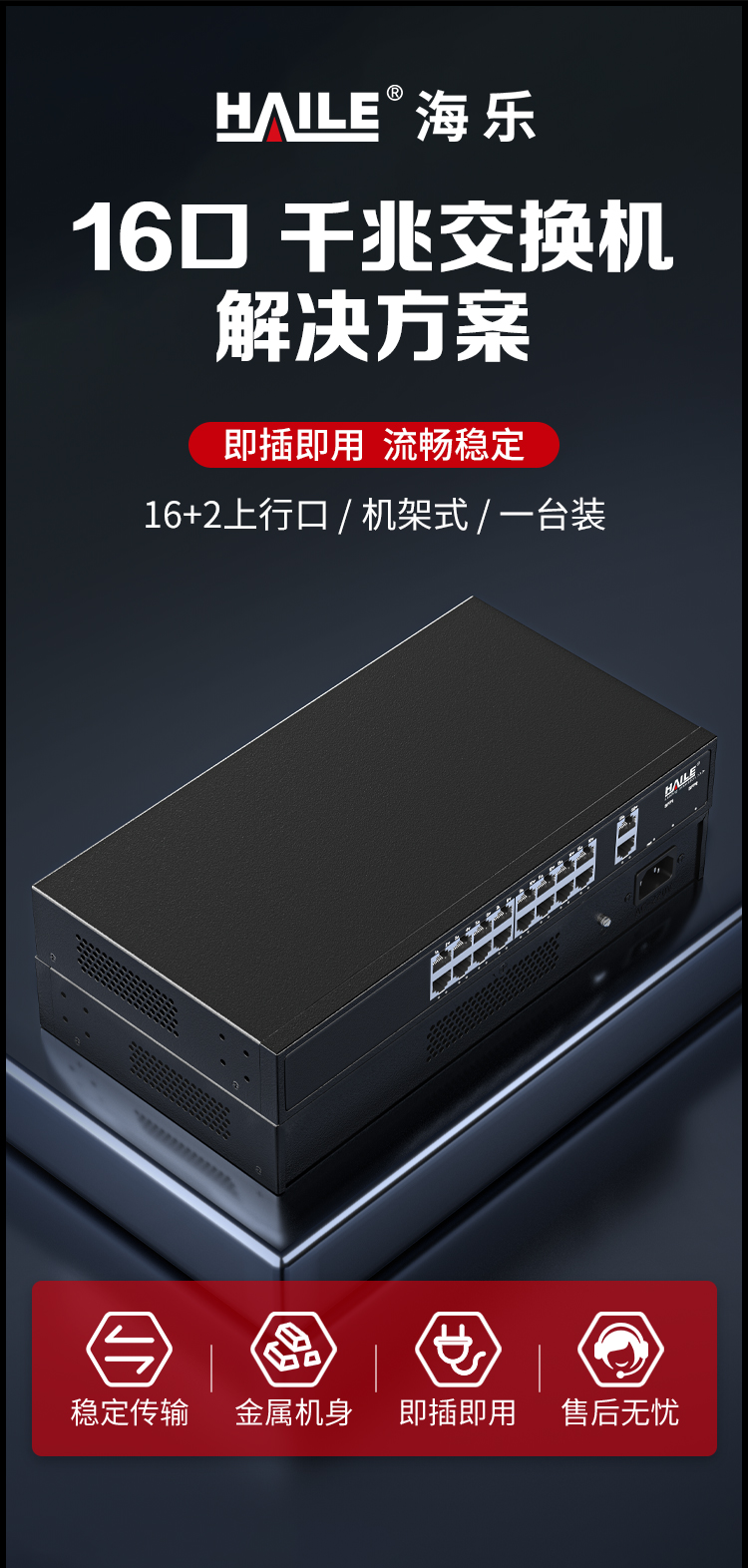 16口千兆交换机16+2上行口安防监控工程网络网线分线器分流器金属机身机架式HC-620-18_https://www.haile-cn.com_商业级交换机_第1张