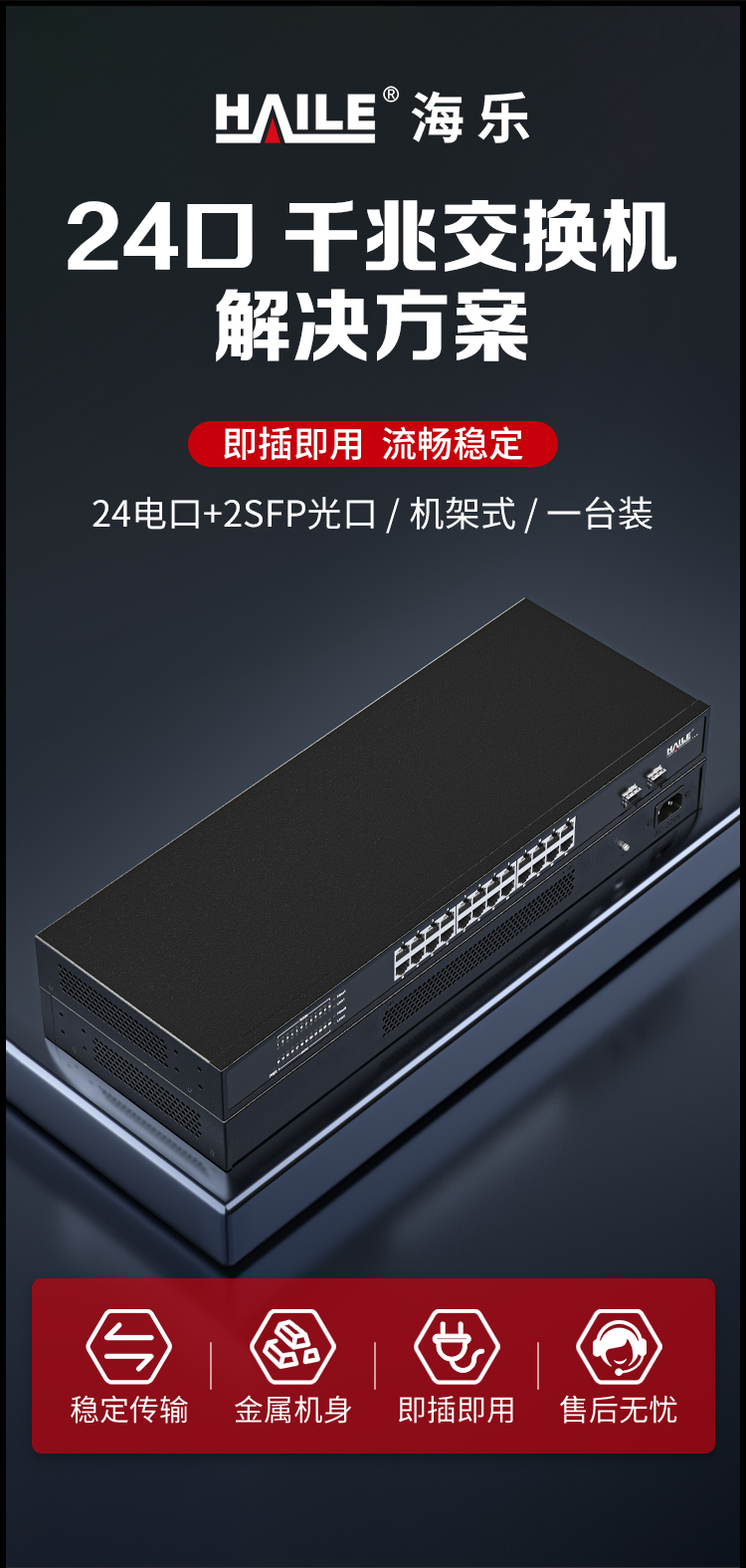 24口千兆交换机24电+2SFP光口安防监控工程网络网线分线器分流器金属机身机架式HC-620-26-2L_https://www.haile-cn.com_商业级交换机_第1张