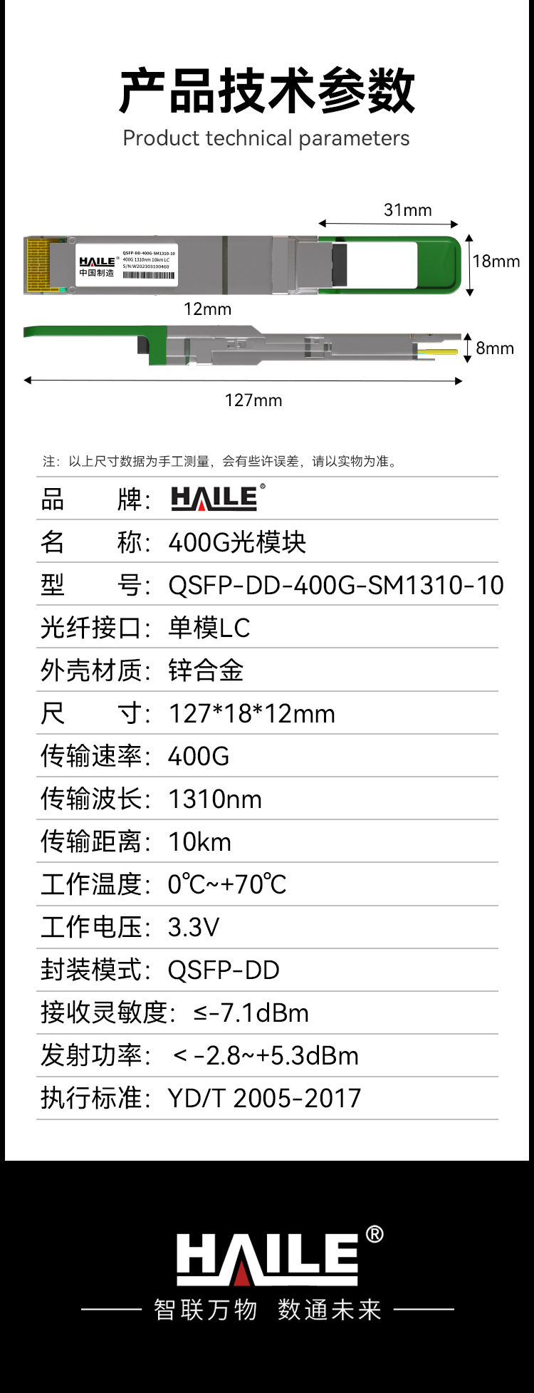 HAILE光模块QSFP-DD-400G-SM1310-10 400G单模LC口 1310nm 10km 1个带DDM兼容华为H3C锐捷中兴思科_https://www.haile-cn.com_布线产品_第11张