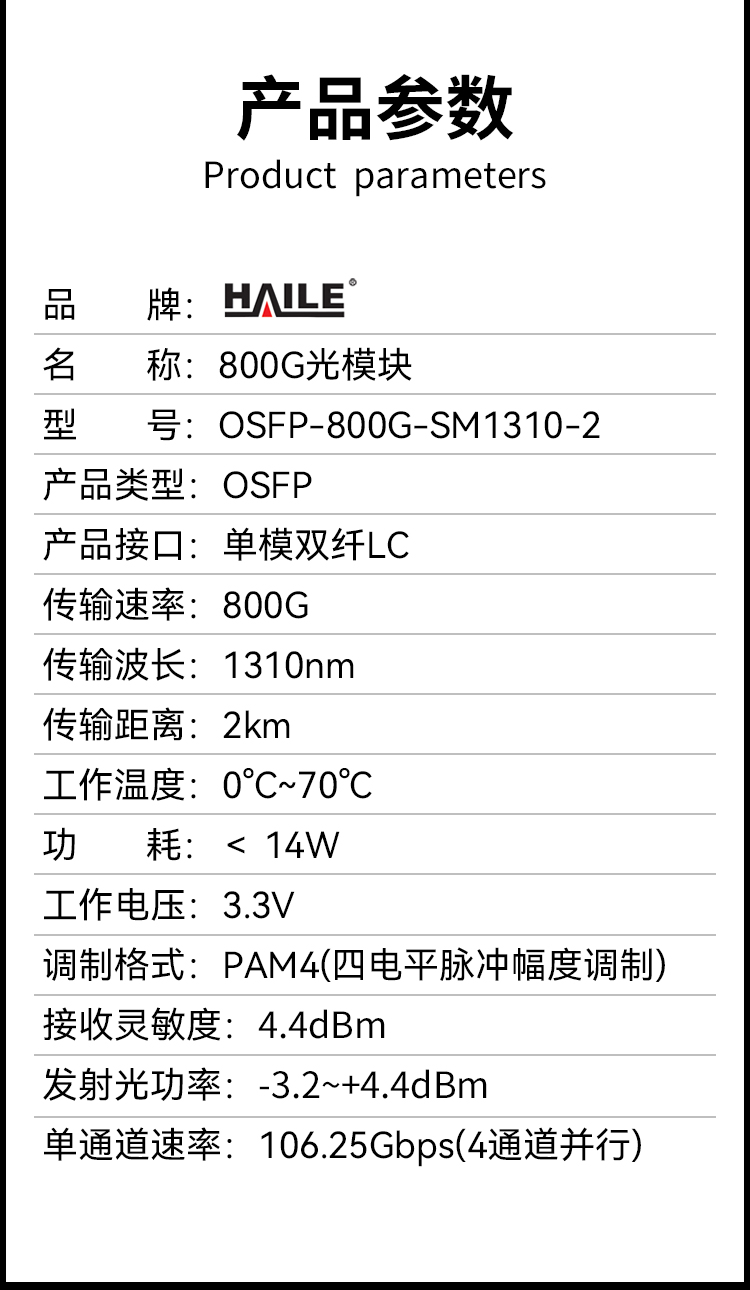 HAILE 光模块OSFP-800G-SM1310-2 800G单模LC口 1310nm 2km 1个带DDM兼容华为H3C锐捷中兴思科_https://www.haile-cn.com_布线产品_第6张